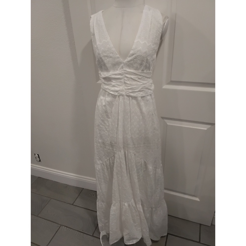 MISA Los Angeles White Eyelet Lace‎ Maxi Dress Tie Back Boho Resort Size M